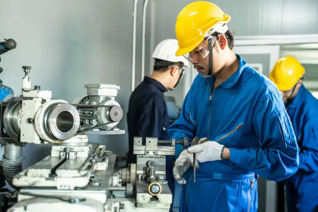3 Personen, die an der Entwicklung einer Maschine arbeiten